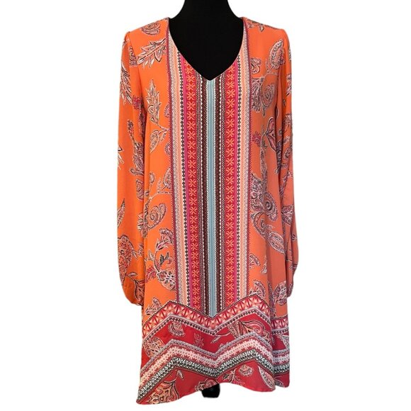 Cato Orange Floral Paisley Long Sleeve Women's Mini Dress - Size L - Picture 2 of 11